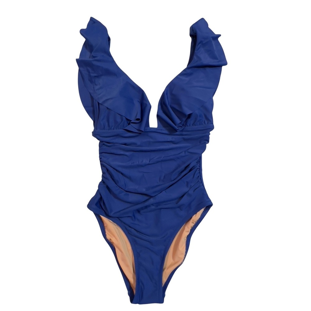 J.Crew Ruched Ruffle Plunge One-Piece Swimsuit V-Neck Royal Blue Women Size 4